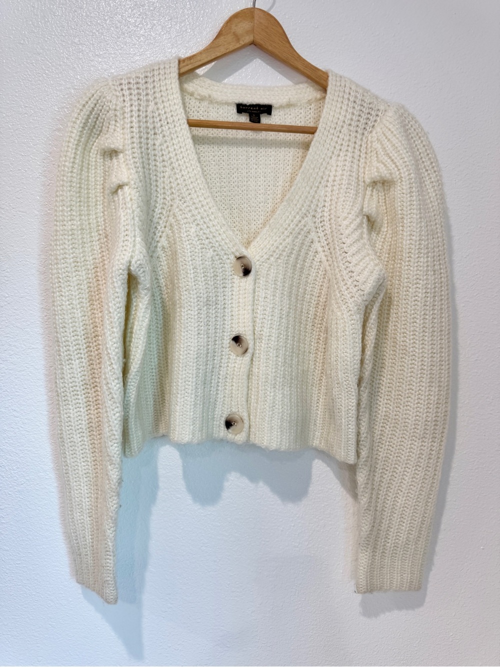 Anthropologie Current Air Cream Pleated Puff Sleeve Ribbed Crop Knit Cardigan S